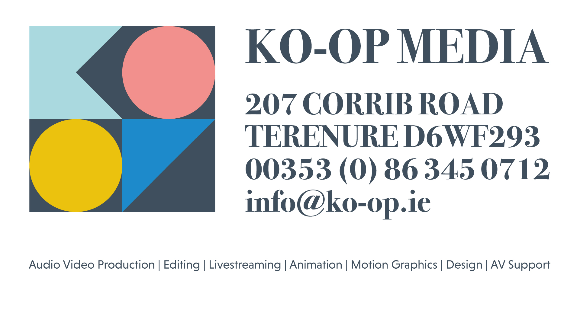 banner images that says ko-op media Audio Video Production | Editing | Livestreaming | Animation | Motion Graphics | Design | AV Support